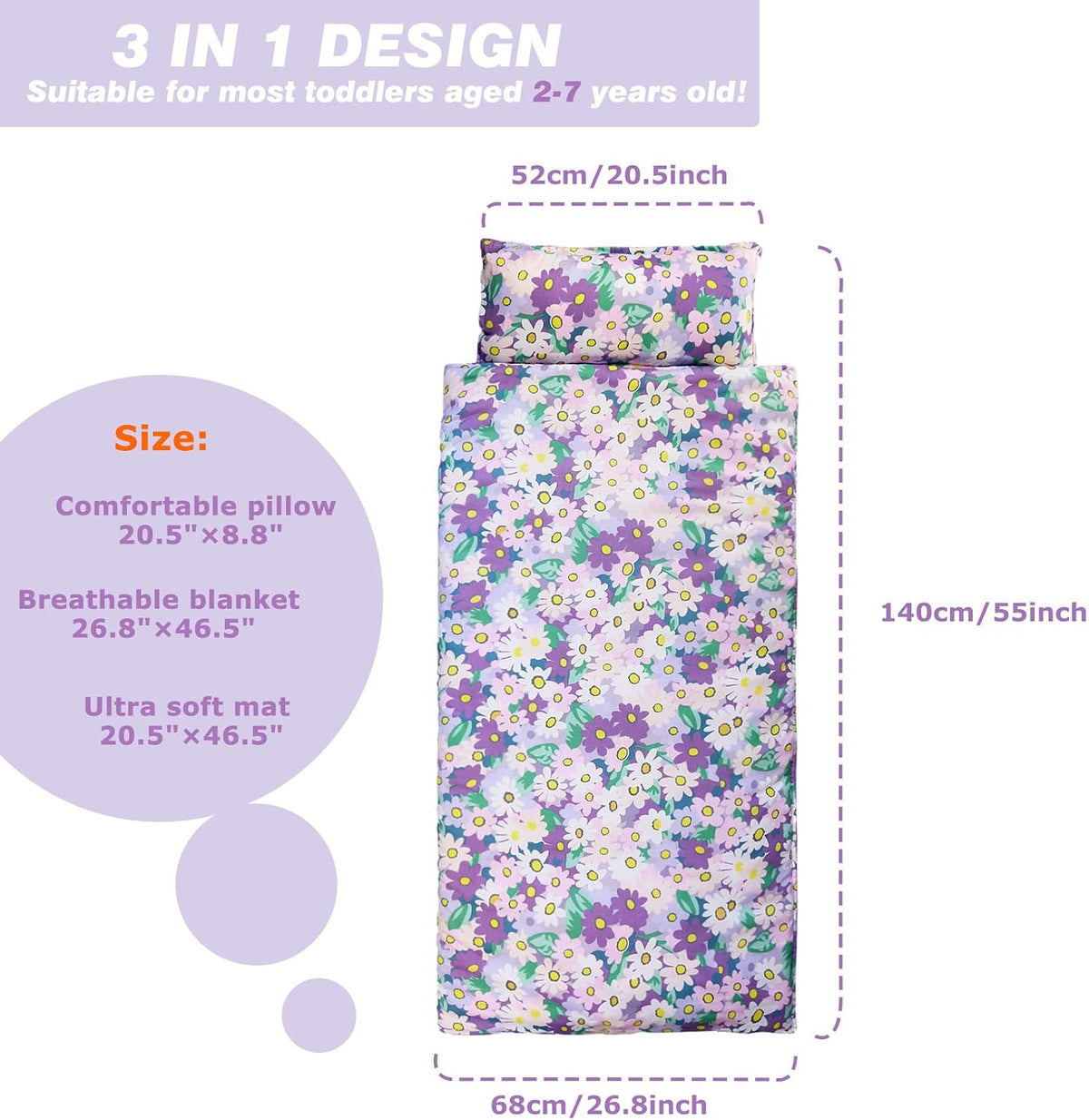 Toddler Nap Mat with Removable Pillow & Soft Blanket - Blooming Flowers - image 3