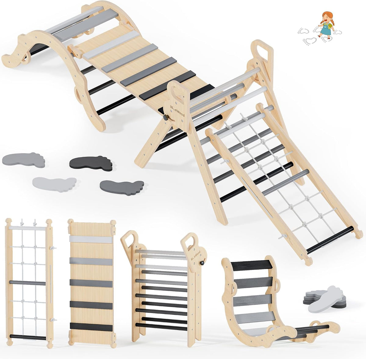 BlueWood 10-in-1 Pikler Triangle Set - Grey Twilight / Footprint