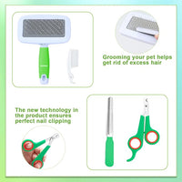 VCZONE 8 Pcs Small Animal Grooming Kit, Pink with Pet Nail Clipper and File, Flea Comb, Pet Shampoo Bath Brush, Pet Shedding Slicker Brush, Bath Massage Glove, Cleaning Comb (Green)