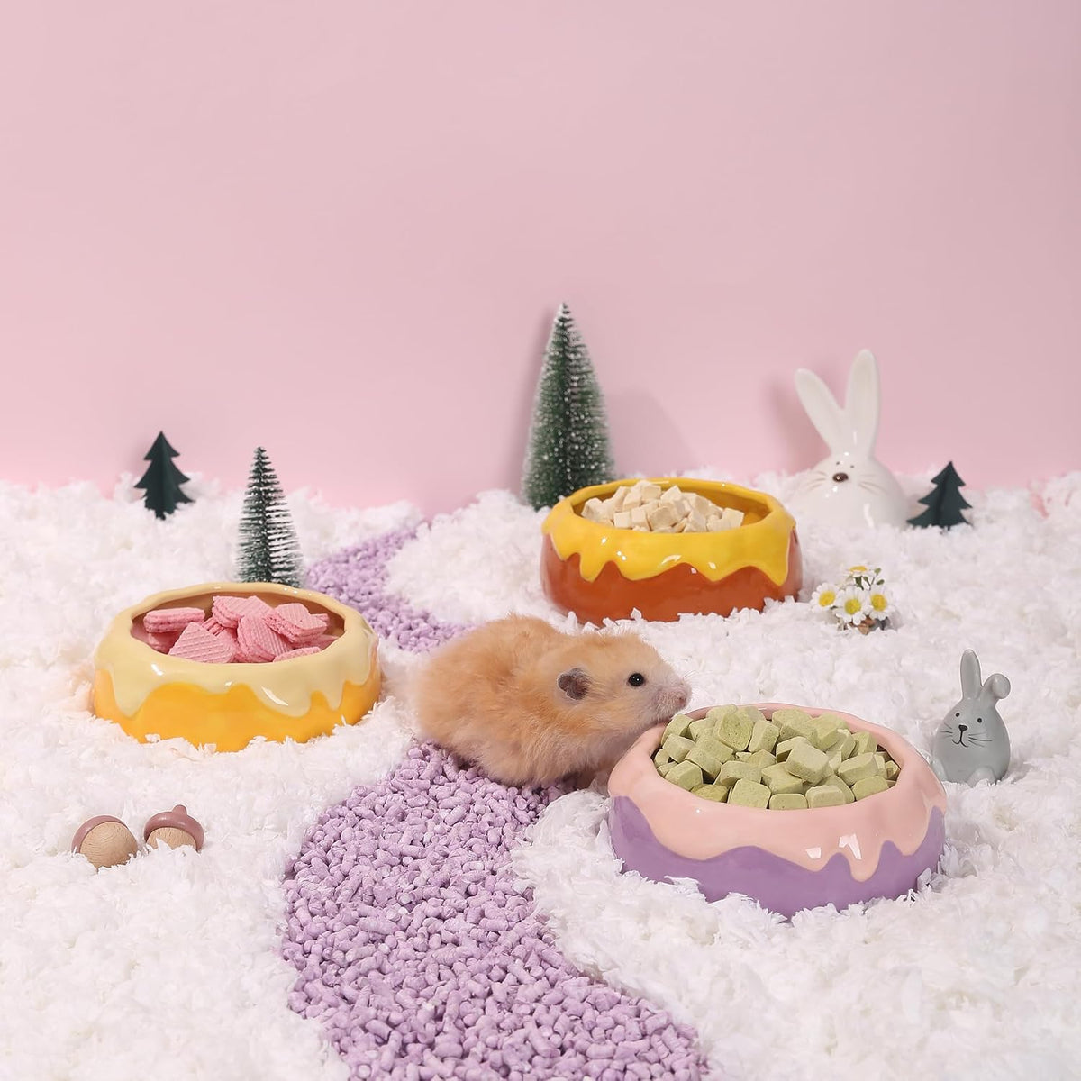 Guinea Pig Food Bowl Hamster Ceramic Water Dish Anti-Spill & Prevent - Pink+Purple - image 3