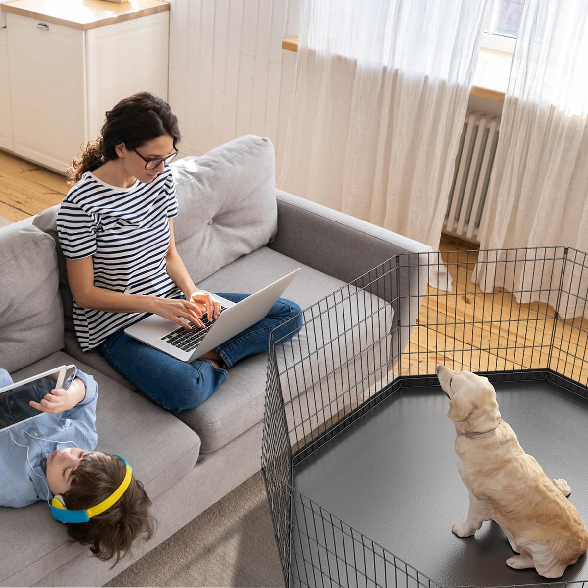 Artmeer 24"H Dog Playpen with Door & Octagonal Top Cover - 24"H Playpen + Octagonal Bottom Pad - image 3