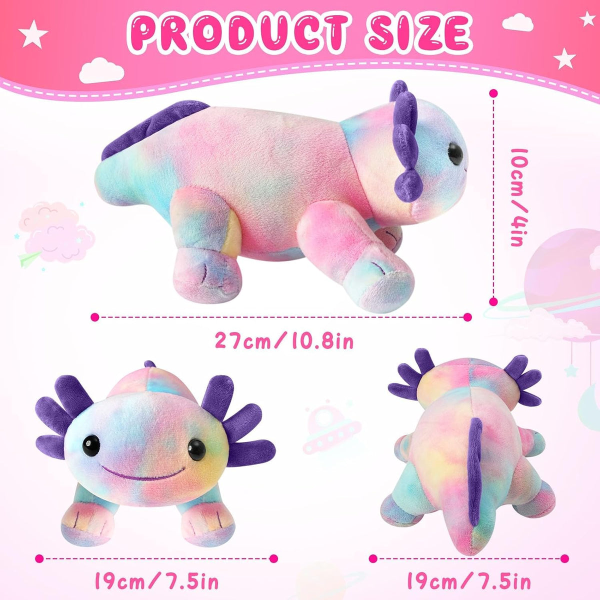 Axolotl Plush Toy, 10.8” Soft Cute Axolotl Stuffed Cotton Plush Pillow Kawaii Salamander Animal - Multicolored - image 3