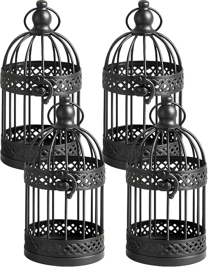 Vela Lanterns Birdcage Decor Candle Holder Lantern Decorative Table Centerpiece Halloween Decorations, Black, Small, Set of 4