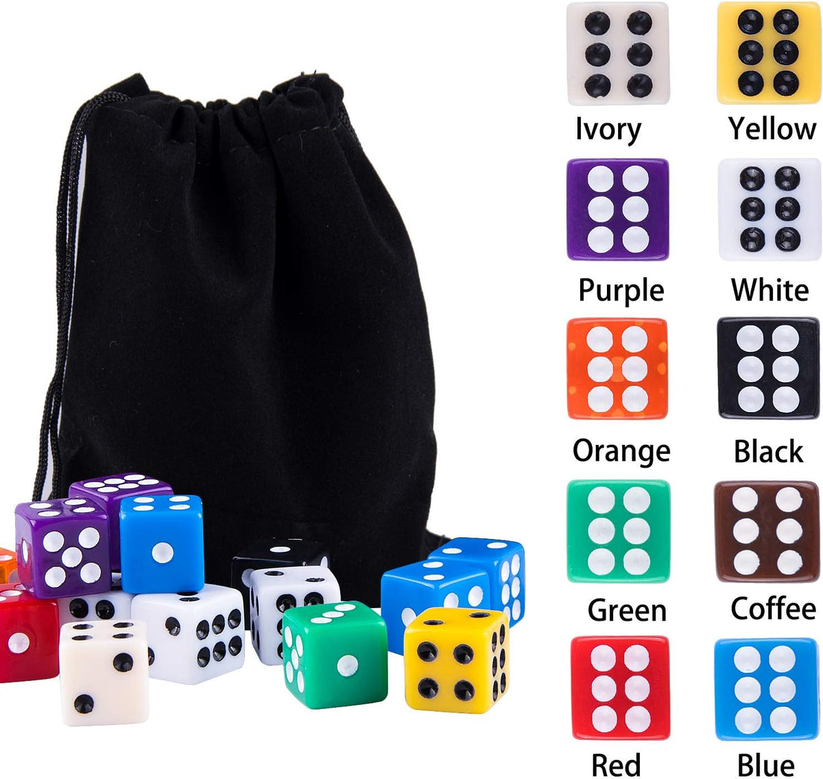 AUSTOR 100 Pcs 12mm Dice 6 Sided Game Dice Set with a Drawstring Pouch – Fun for Kids & Family - Solid Square, 12mm - image 3