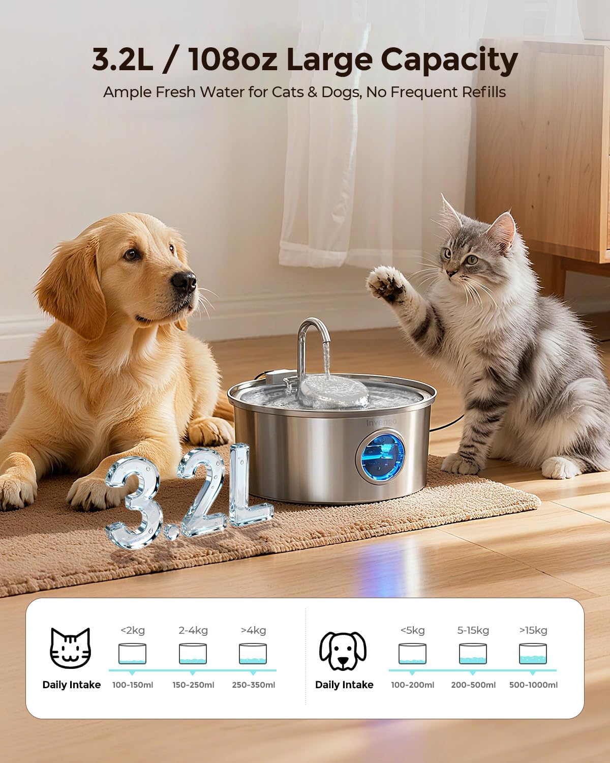 Invengo Cat Water Fountain Stainless Steel 108oz/3.2L Pet Fountain – Essentials for Cats - image 2