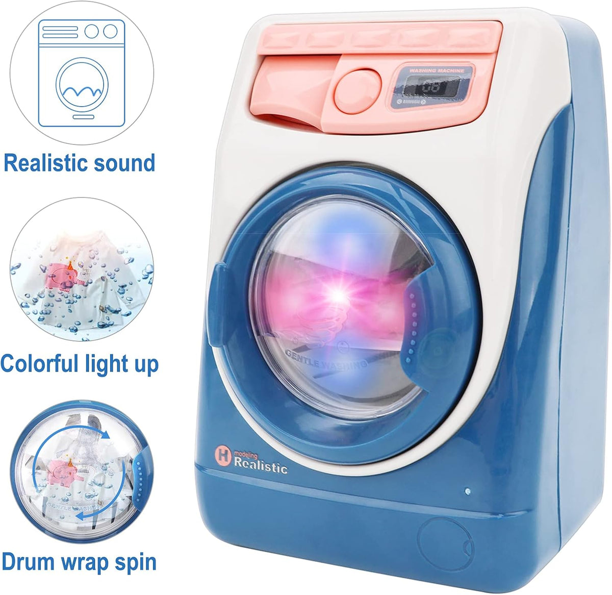 deAO Washing Machine Toy for kids Sound Lights Laundry Play Set - Blue - image 3