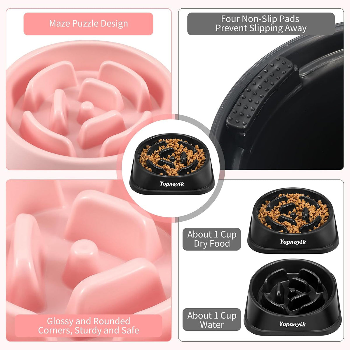 2 Pack Slow Feeder Dog Bowls for Medium Dogs & Cats – Essentials for Dogs - Small / Black and Pink - image 3