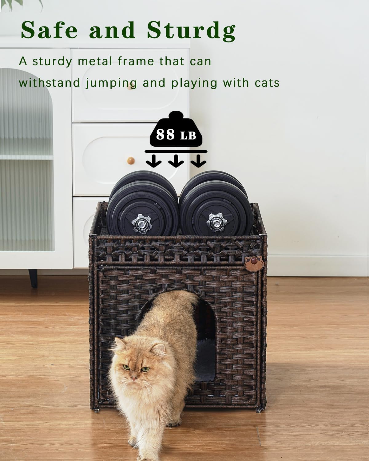 Cat Beds Indoor Kitten House, PE Rattan Cat Cave - Brown / Rectangle-XL - image 3
