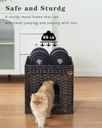 Cat Beds for Indoor Cats Extra Large Double Cat Cave Pet Cube, Handwoven Rattan Cat Houses with Double-Sided Soft Cushions, 18.5 x 20.5 x 19.1 Inches Foldable Hideaway in Living Room Brown