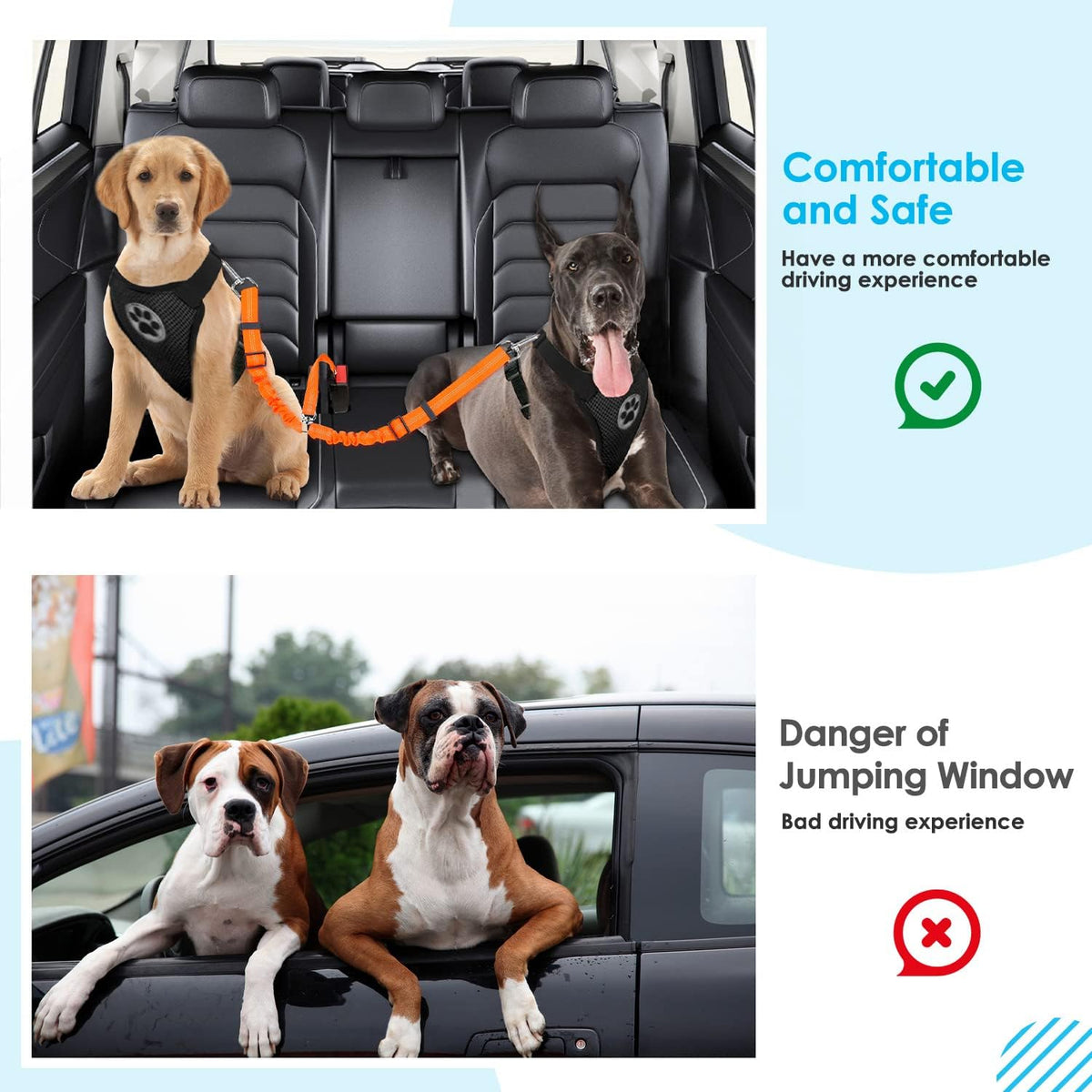 SlowTon Double Dog Seat Belt for Car with Elastic Bungee Buffer - J.Orange / 2 Medium in 1 - image 4