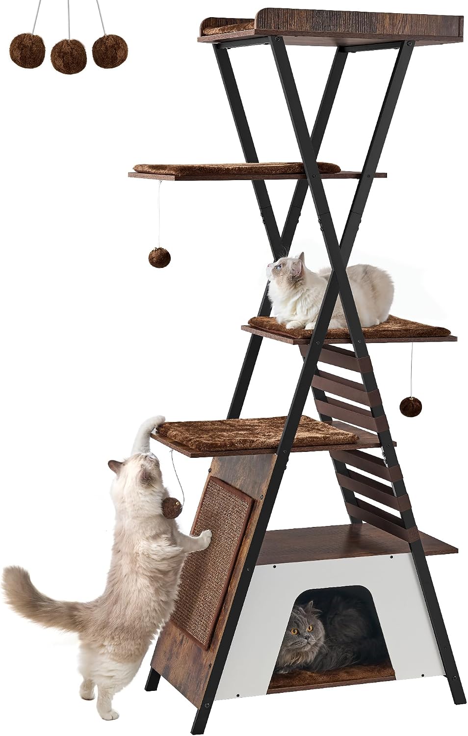 72.4" Modern Cat Tree for Indoor Cats, Multi-Level Cat Condo – Essentials for Cats - Rustic Brown