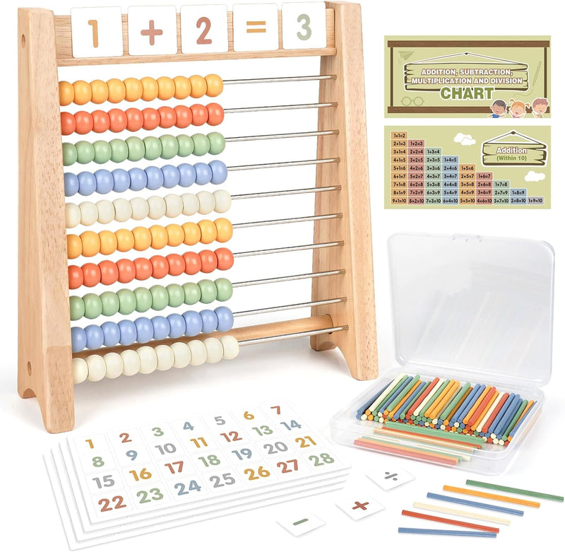 Vanplay wooden abacus for kids math with neutral beads, math cards and counting sticks