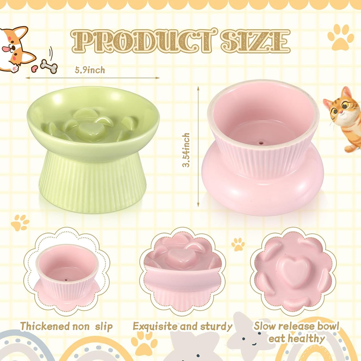 Layhit 2 Pack Raised Slow Feeder Cat Bowls Ceramic Elevated Cat Food - Green, Pink - image 2