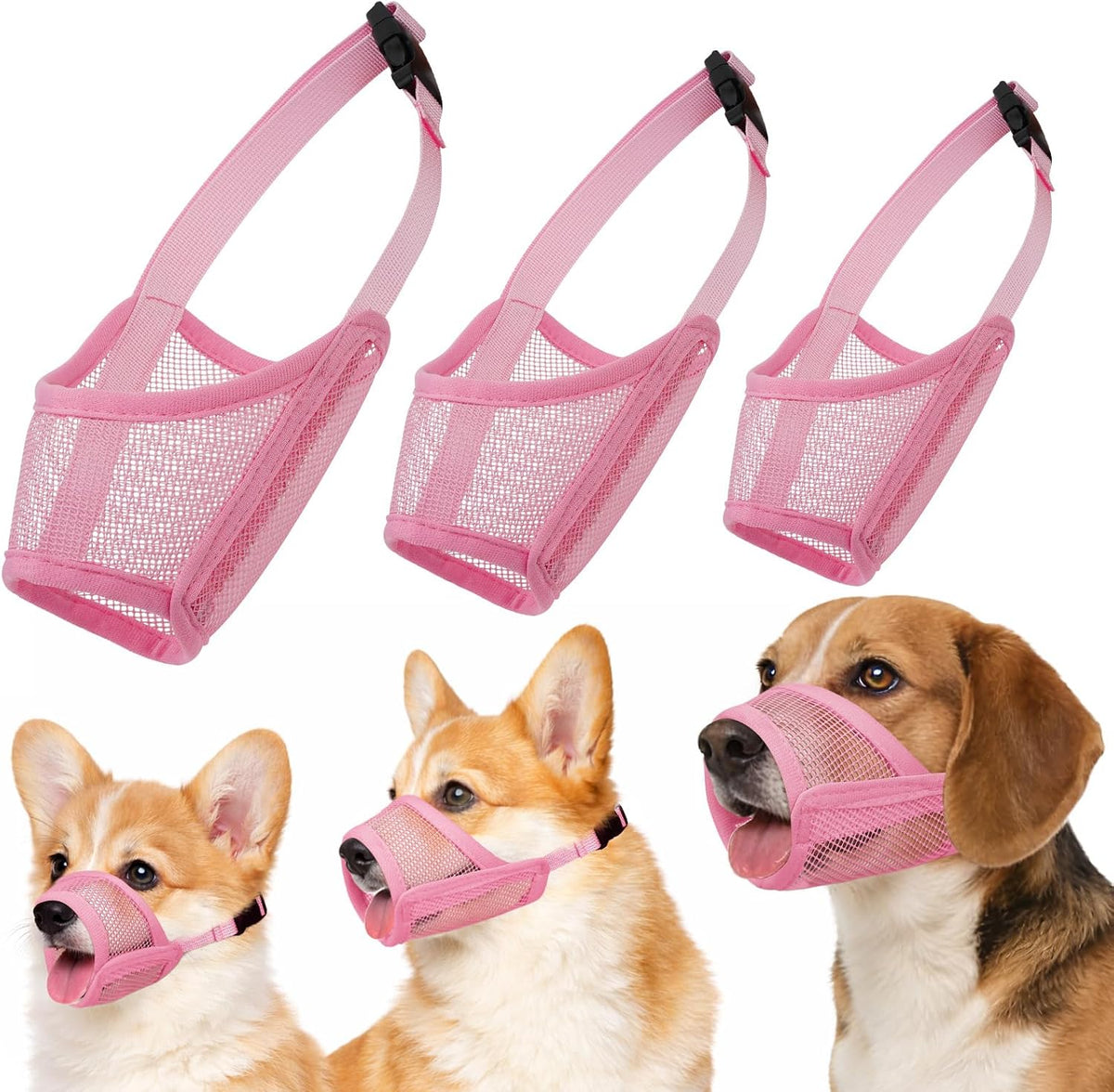 Mesh Dog Muzzle Suits for Small Medium Large Dogs Dog Muzzle Set – Essentials for Dogs - Pink / Medium 3 PCS(S-L)