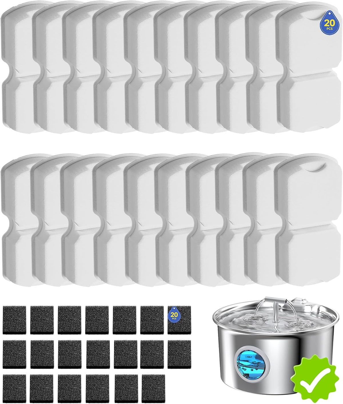 Cat Water Fountain Filter Replacement: 6 PCS Carbon & Sponges – Essentials for Cats - 20 Filters + 20 Sponges