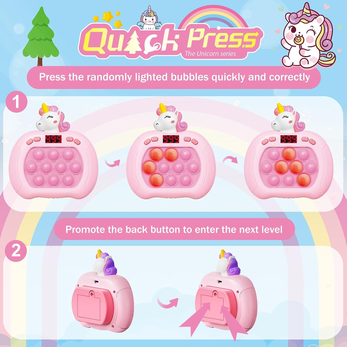 Pop Game, Light Up Fidget Toy for Kids & Adults - Pink Unicorn - image 3