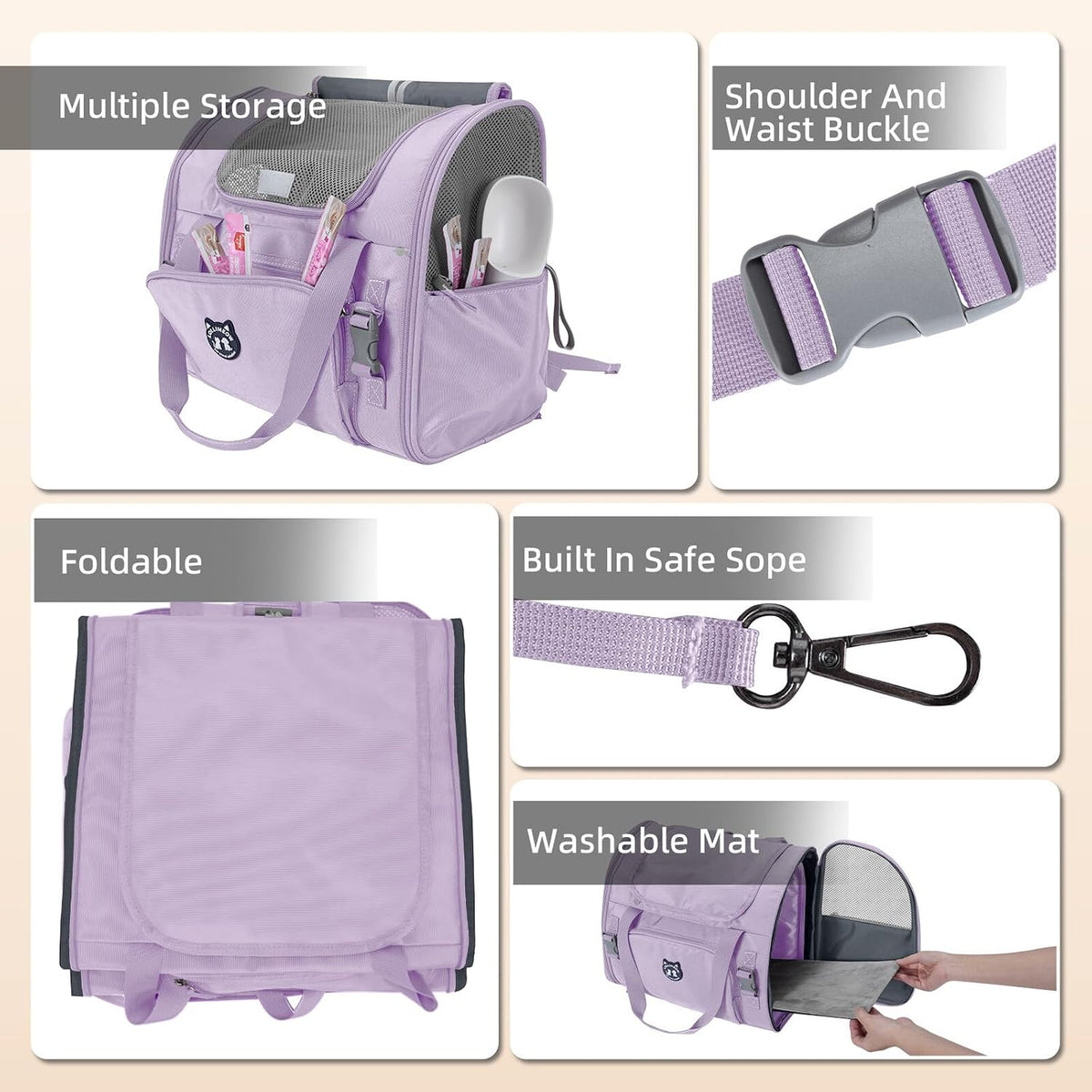Expandable Large Cat Carrier Backpack, Supports up to – Essentials for Dogs - 16.5"L x 9.0"W x 13.4"H / Lavender - image 2