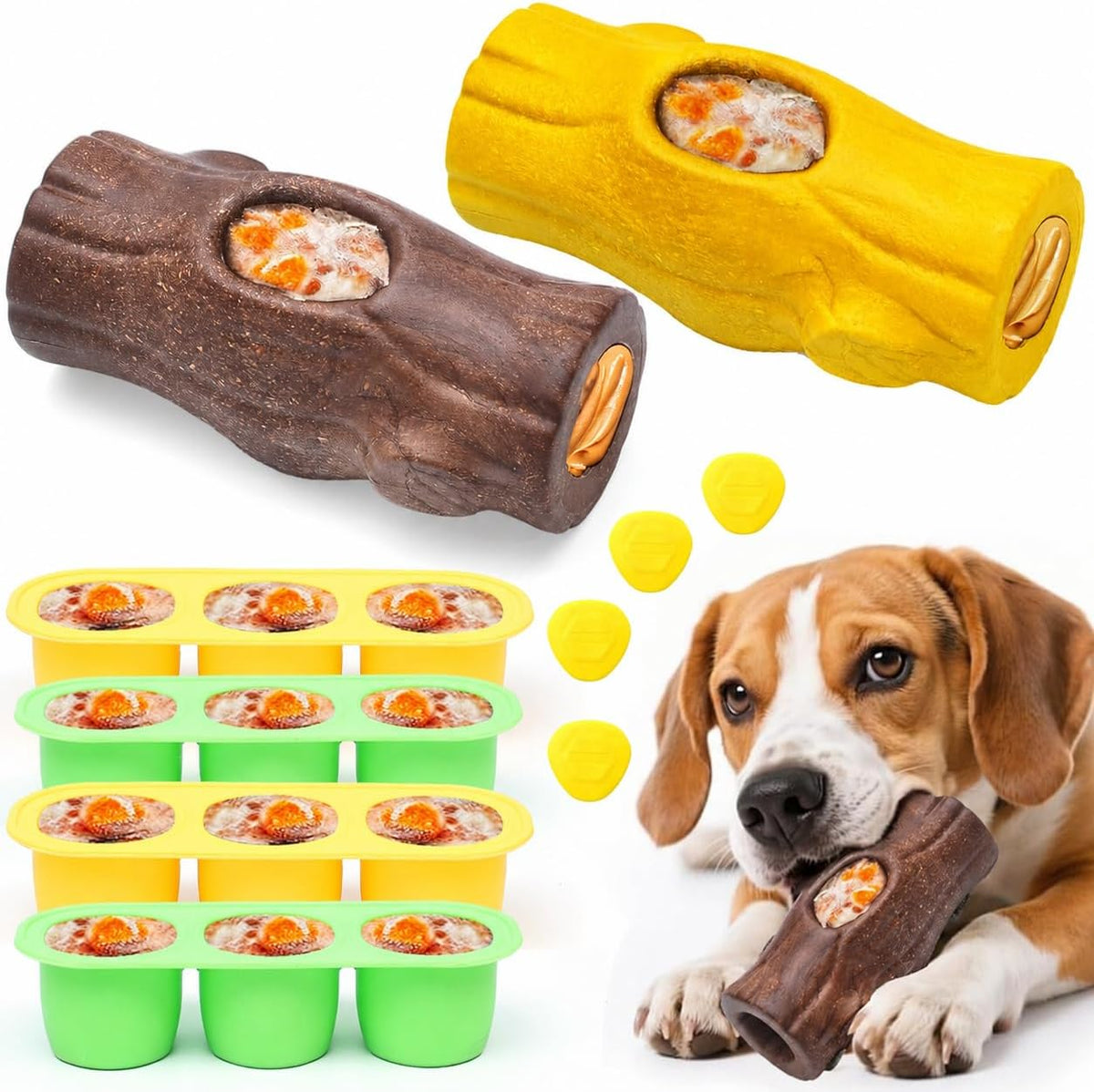 Durable Dog Puzzle Toy for Medium/Large Dogs – Essentials for Dogs - Yellow & Brown / Tree stump 2 Pack