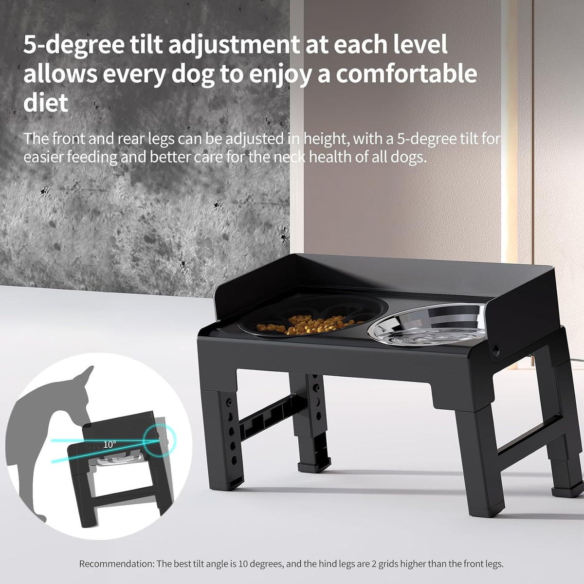 Elevated Dog Bowls for Medium and Large Dogs - 1 Slow Feeder Bowl + 1 Stainless Steel Bowl / Black - image 2