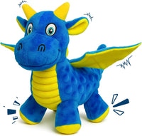 Squeaky Dog Toy, Plush Dragon with 5 Squeakers and Crinkle Wings - Blue
