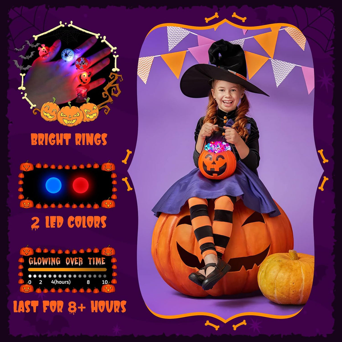 GiftInTheBox LED light up Halloween rings with ghost, pumpkin and bat tops - view 4
