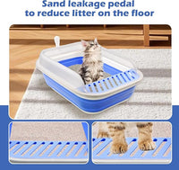 High Sided Cat Litter Box, Anti-Splashing Low Entry Cats Litter Pan with Scoop Collapsible Foldable Shallow Kitten Potty Toilet Waterproof Cat Travel Litterbox Semi-Enclosed Easy Clean(Blue)