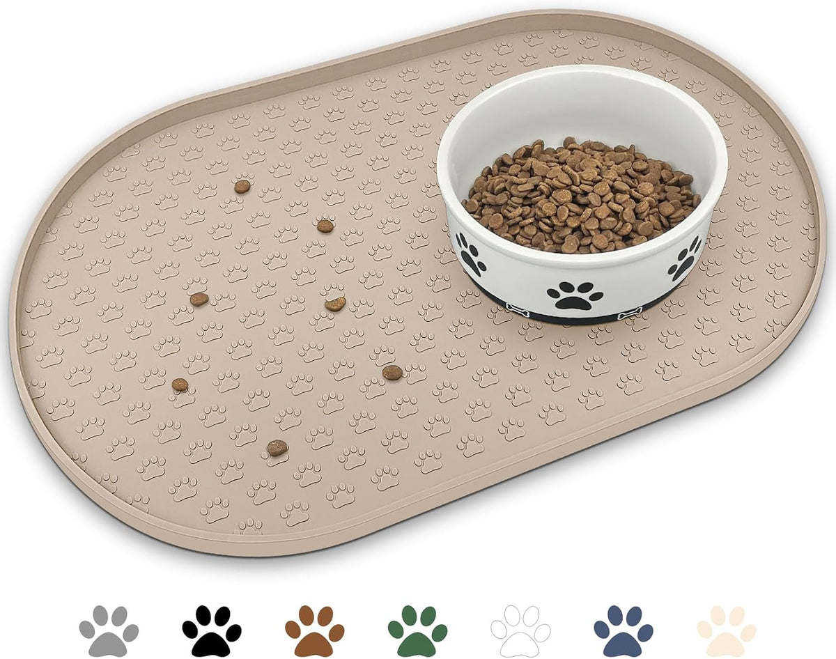 Dog Food Mat Spill-Proof Silicone Dog Bowl Mat Raised Edge Pet - Taupe / 19"L x 12"W
