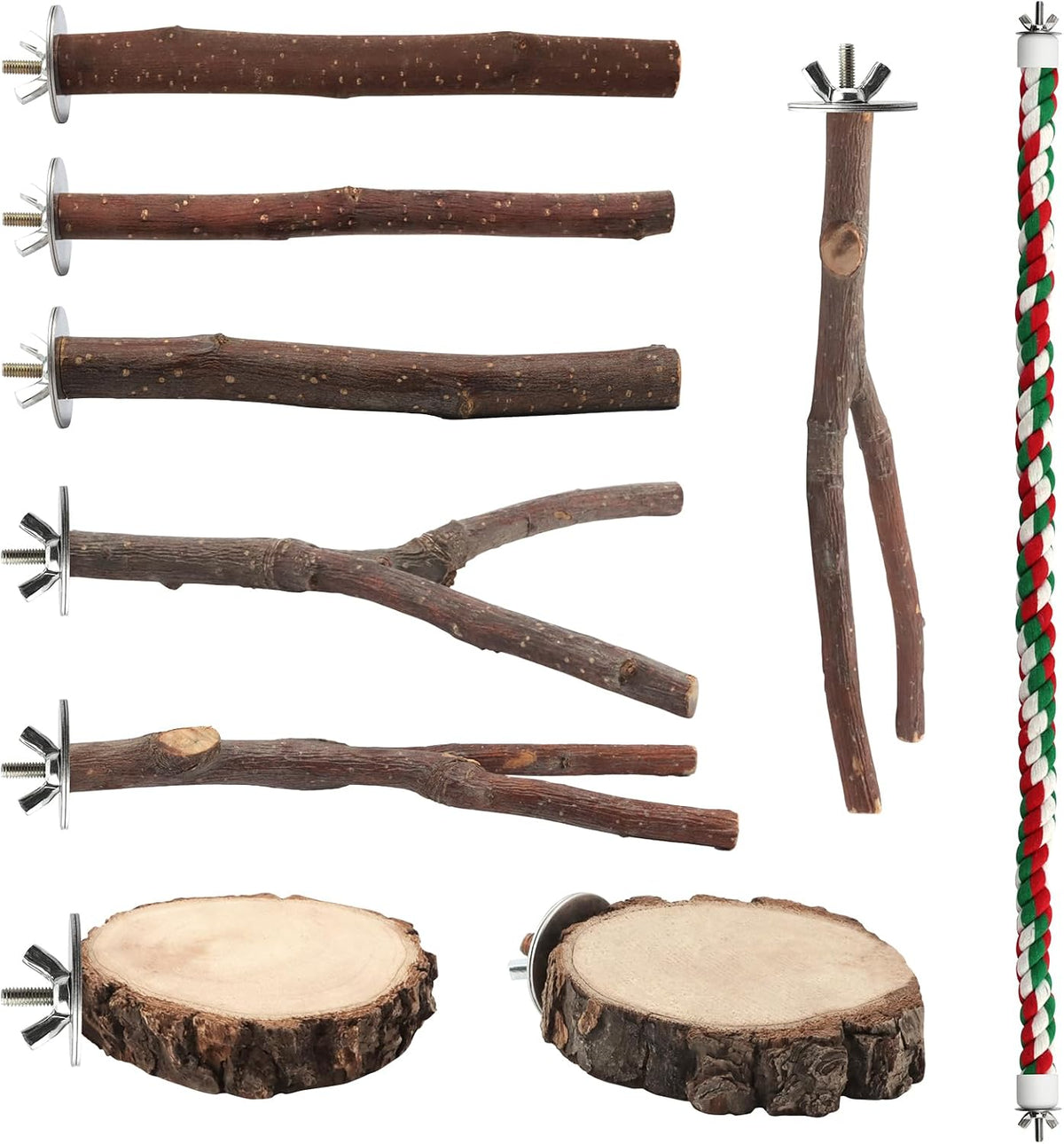 4 Pack Natural Wood Bird Perch Set for Parakeet Cage – Essentials for Birds - 9 Pcs - Deluxe Activity Set (With Cotton Rope)