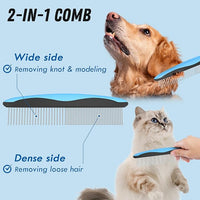 Pet Grooming Combo - Blue Deshedding Brush with Metal Comb for Detangling and Dematting Long, Matted Fur on Cats and Dogs