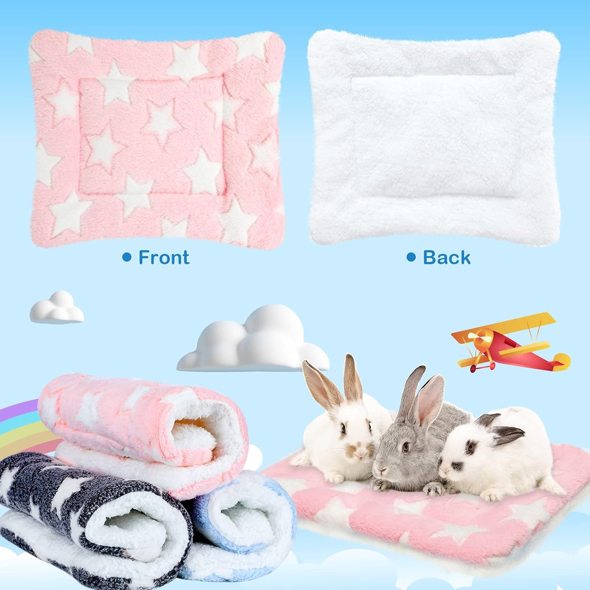 Jetec 3 Pcs Guinea Pig Beds, Fleece Small Animal Mats - Fleece / Star / Blue - image 4