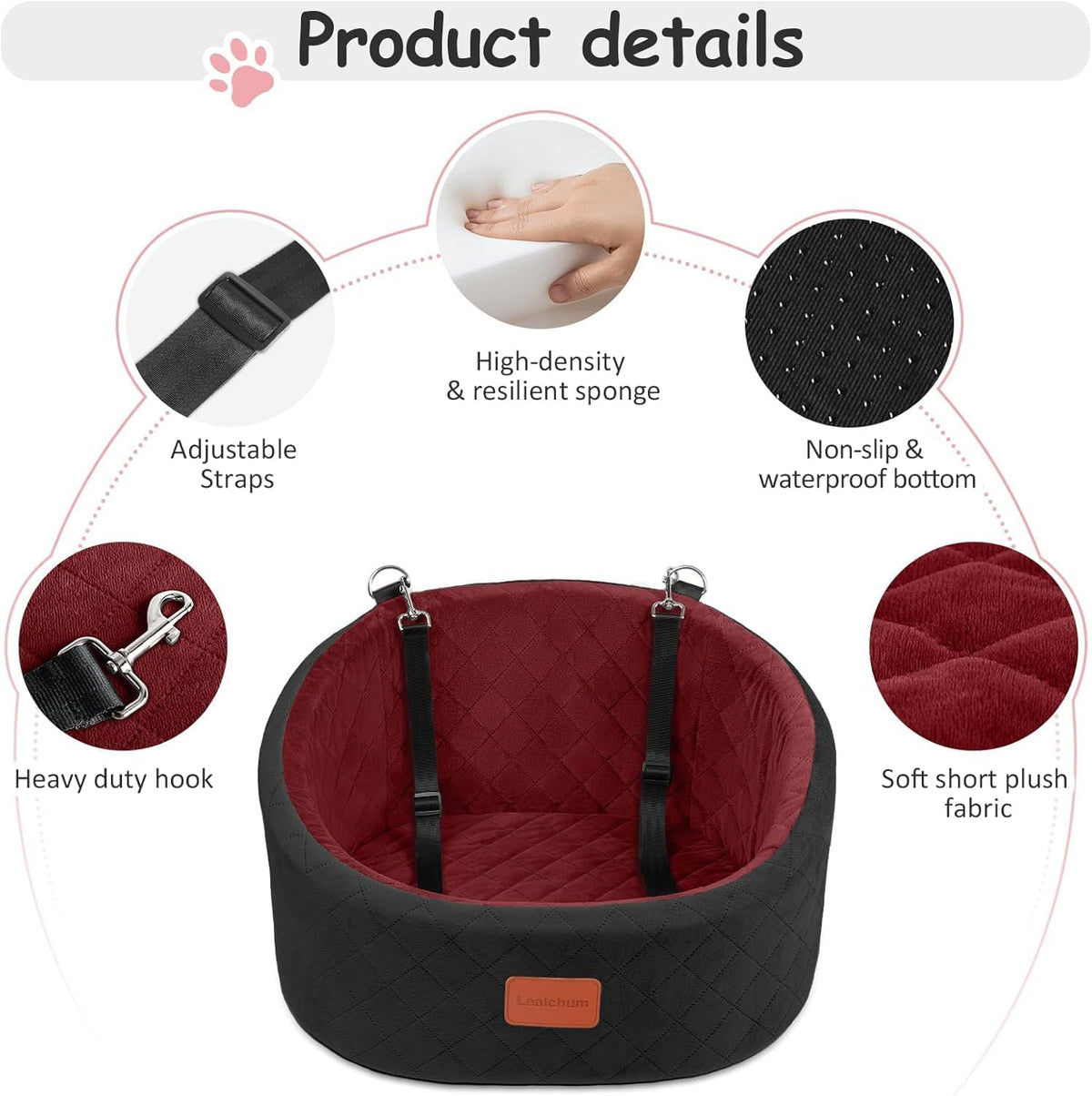 Lealchum Dog Car Seat for Small Dogs Up to 30 Lbs with 2 Safety Dog - Black/Red / Small - image 3