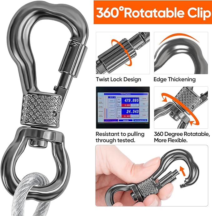 Tresbro 20FT Reflective Tie Out Cable for Dogs Up to 250 Pounds, Steel Wire Lead Leash Cable with Stainless Dual Fix Buckle, Lightweight and Enduring, Outdoor Dog Chains for Outside,Yard,Camping
