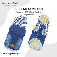 Parisian Pet Basic Dog Hoodie - Lightweight Denim Striped Sweatshirt With Leash Hole and Pockets - Blue Cotton Clothes for Medium Dogs - M