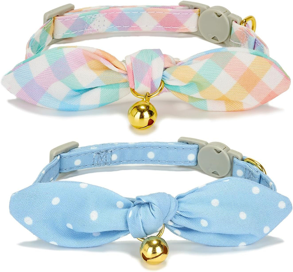 Cotton Bowtie Cat Collar with Bell 2 Pack Adjustable Breakaway Kitten - Polka Dot + Plaid / 7.5-11.4 Inch (Pack of 2)