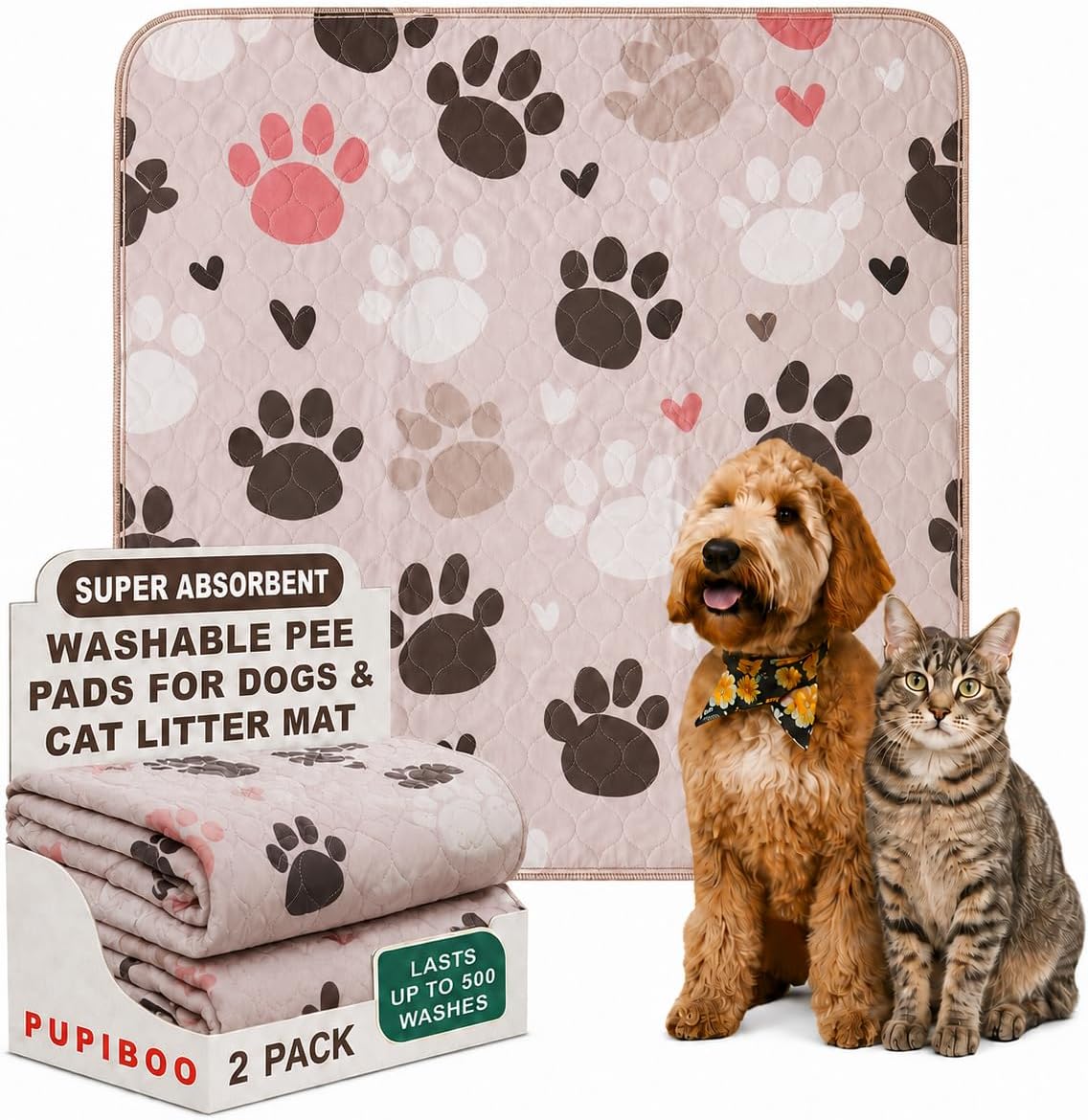PUPIBOO Washable Pee Pads for Dogs and Cats - Neutral Paws / 36 x 36 Inch (Pack of 2)