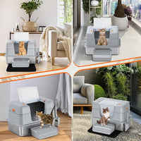 Vivifying Stainless Steel Litter Box with Lid, XL Side Entry Extra Large Litter Box for Big Cats & Kitty, Removable Enclosed Metal Cat Pan with High Sided Enclosure, Scoop, Mat, Footboard (Gray)