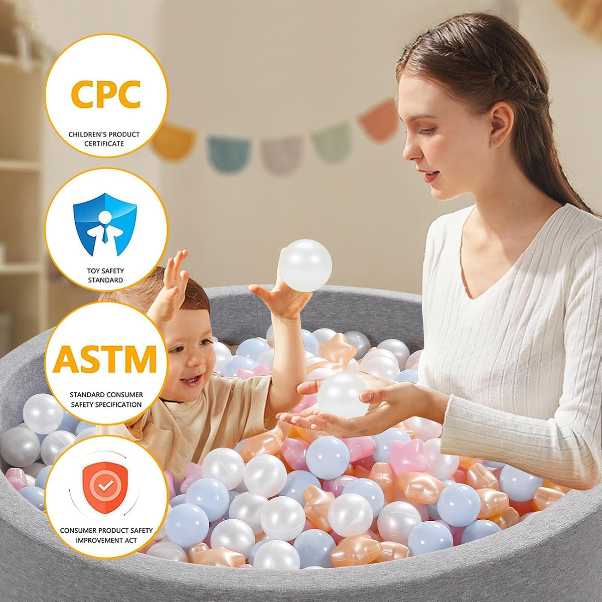 Ball Pit Balls Pack of 100 200 500 - Light Blue/Pink+ Pearl White+Gold / 100 balls - image 4