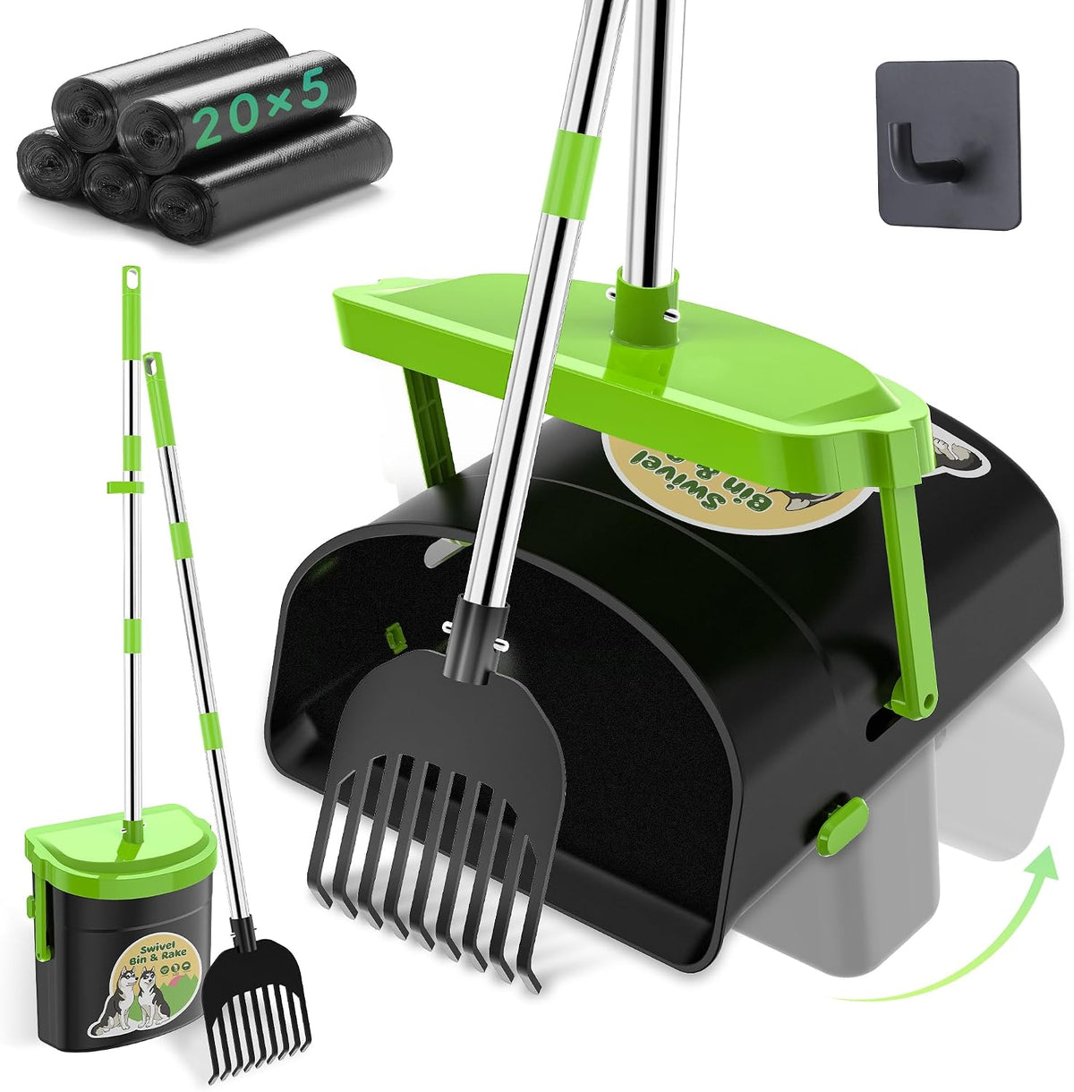 UPSKY 33.4" Dog Pooper Scooper Swivel Bin & Rake Kit with 100 Waste - A-Green