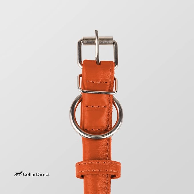 CollarDirect Rolled Leather Dog Collar, Soft Padded Round Puppy Collar, Handmade Genuine Leather Collar Dog Small Large Cat Collars 13 Colors (18-22 Inch, Orange Textured)