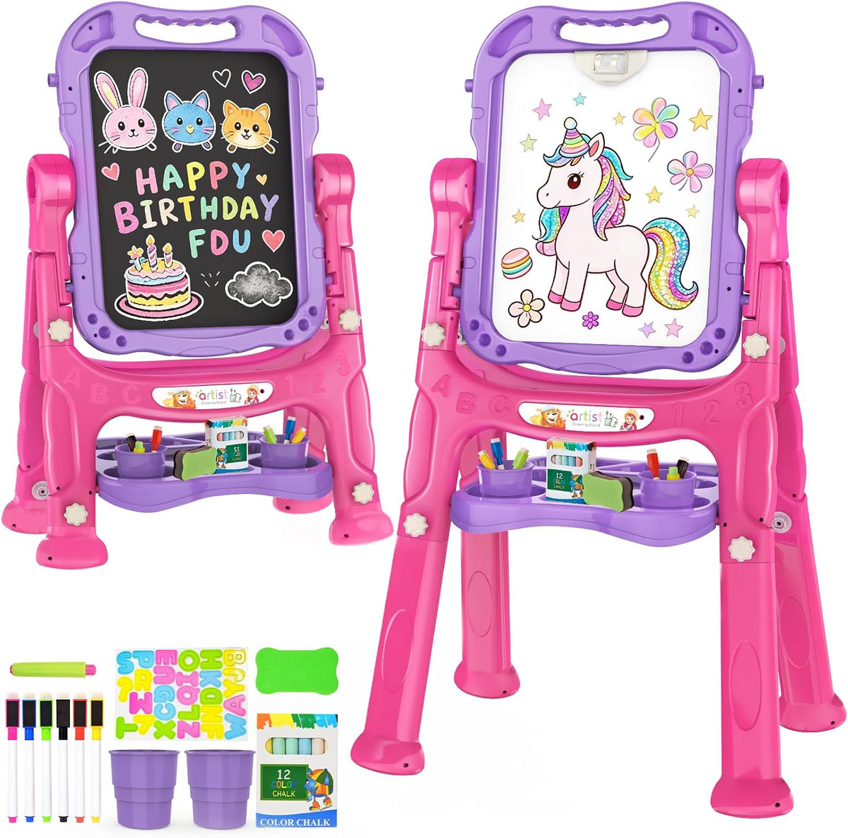 Amagoing Easel for Kids, Adjustable Standing Art Easel for Toddler, Double Side White Chalk Board - Purple