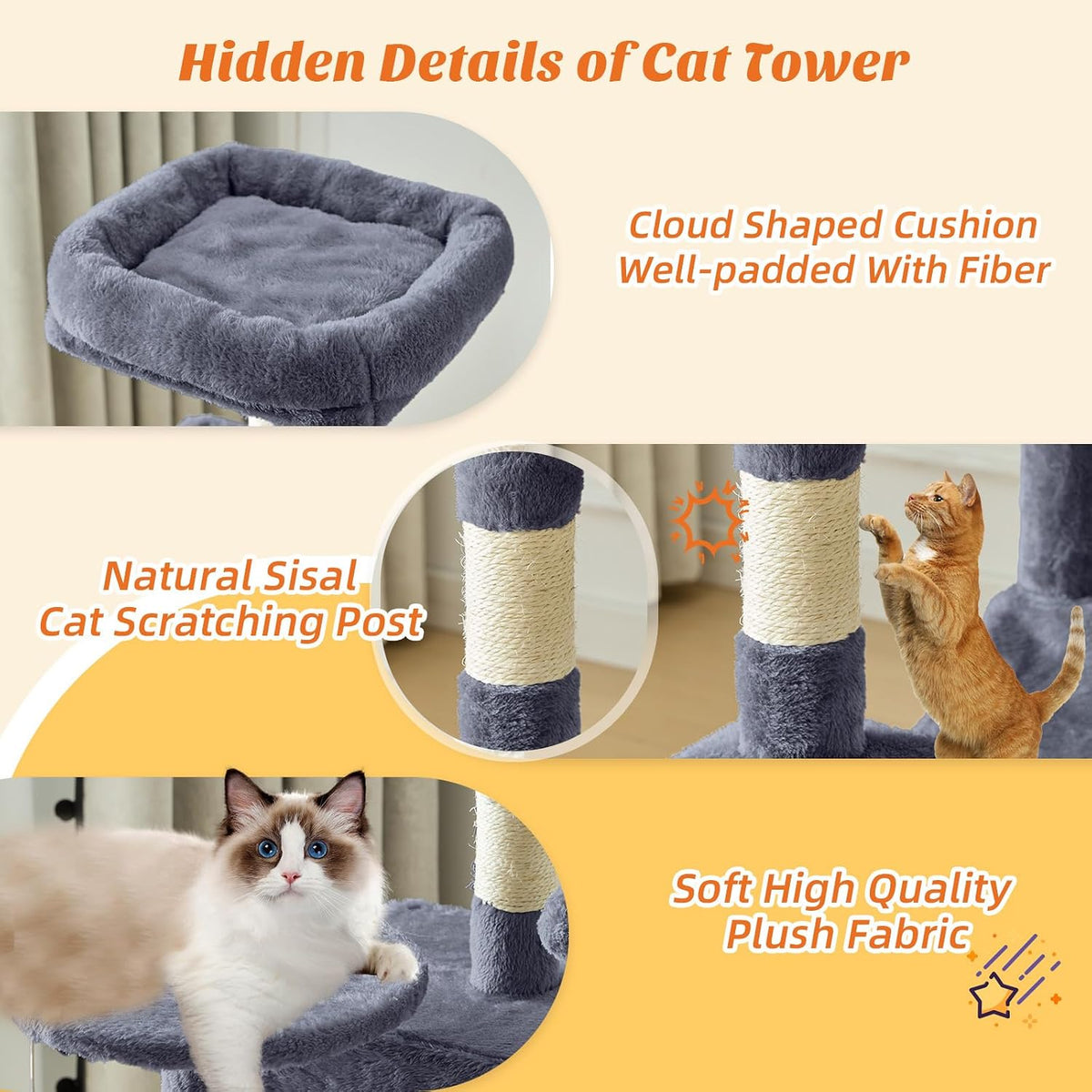 DUMOS 44 Inch Cat Tree Tower with Natural Sisal Scratching Posts – Essentials for Cats - Dark Grey / 4 / 43.6Inch - image 4