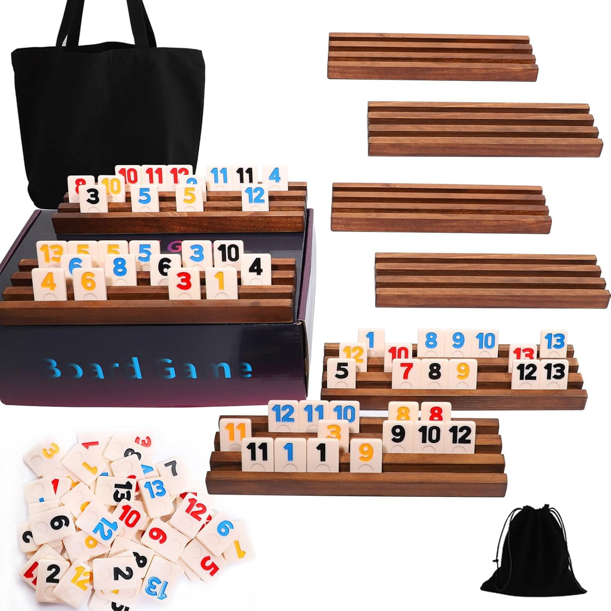 Wahartoly rummy cube tile game with 160 tiles and 6 wooden pine racks