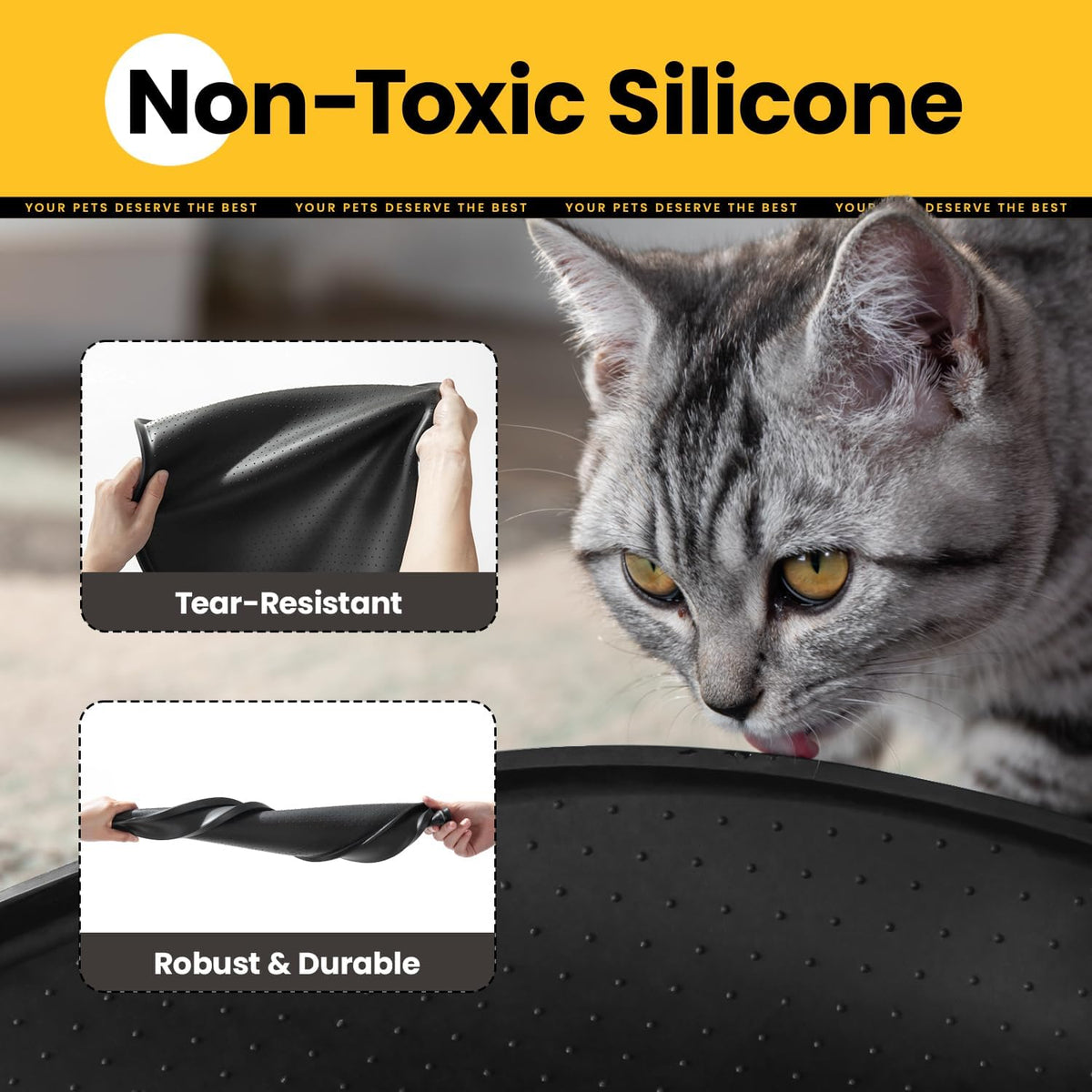 Conlun Dog Food Mat,1/2 Inch Raised Edges Cat Feeding Mat for Spill Containment,BPA-Free Silicone - 24"L x 24"W / Black - image 3
