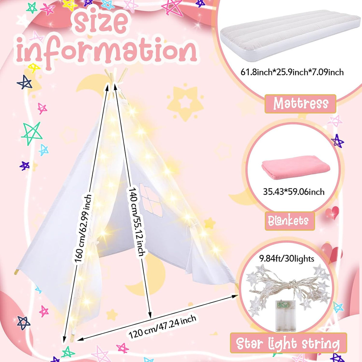 Windyun 4 pack kids sleepover teepee tents with air mattresses, blankets and star lights - view 6