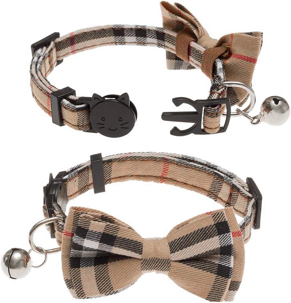 2 Pack/Set Cat Collar Breakaway with Cute Bow Tie and Bell for Kitty - Black+Brown / Plaid - image 3