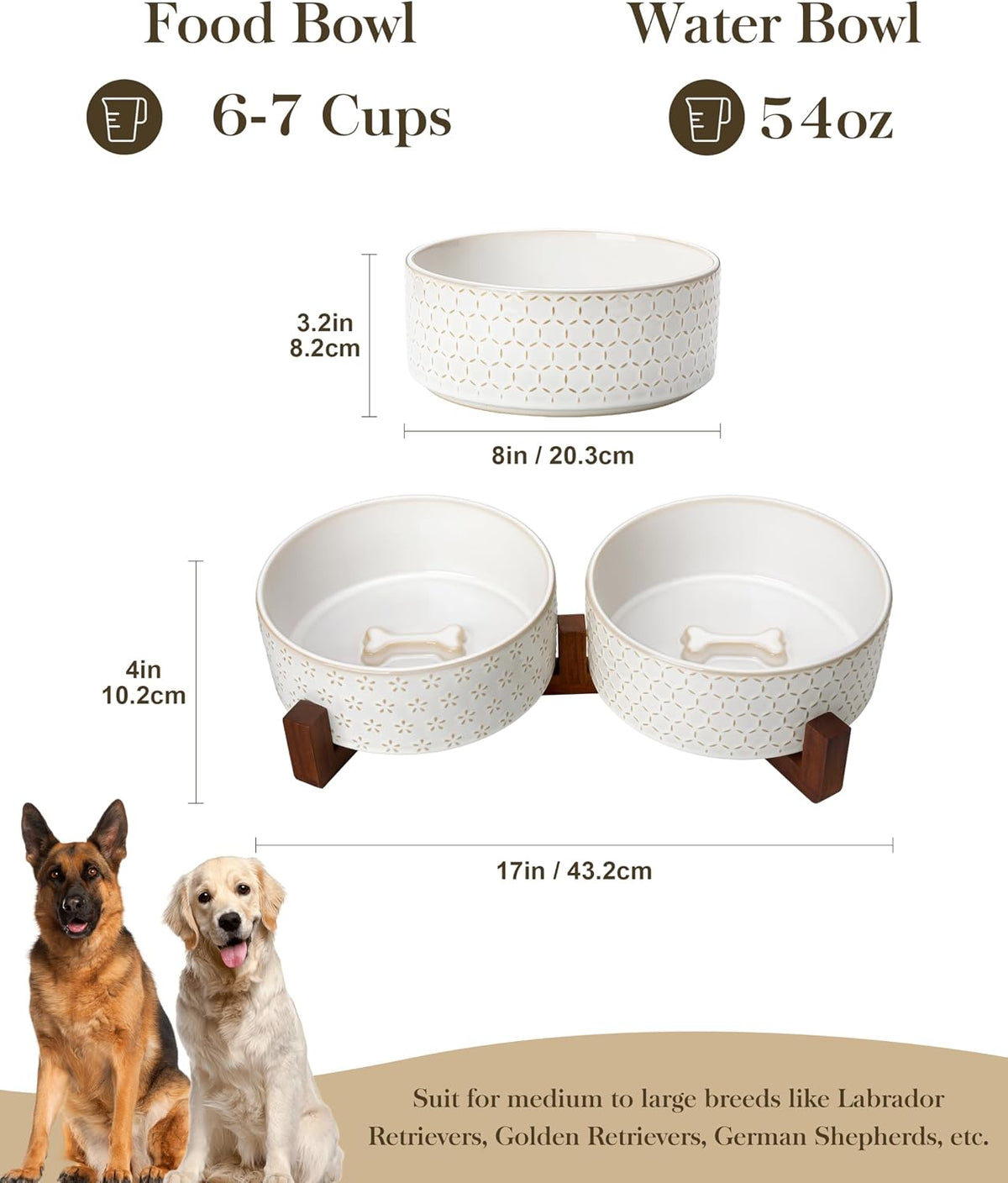MALACASA Dog Bowl Set, Ceramic Bowls with Walnut Wood Stand - Five-leaf Grass+Honeycomb / 6 Cups - image 2
