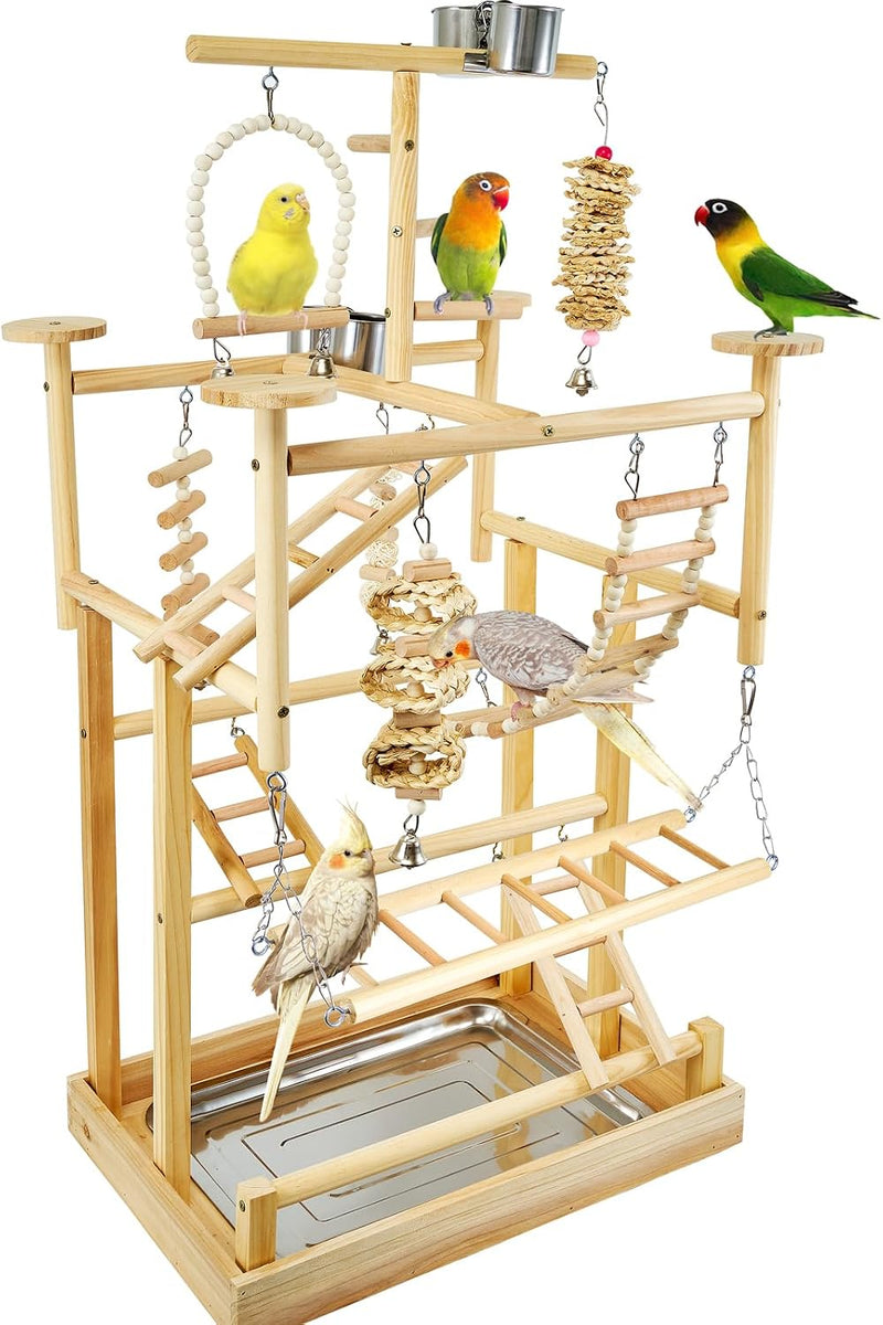 LIMIO Bird Playground - Natural Wood Parrot Playstand with Perches, Bird Play Gym & Accessories