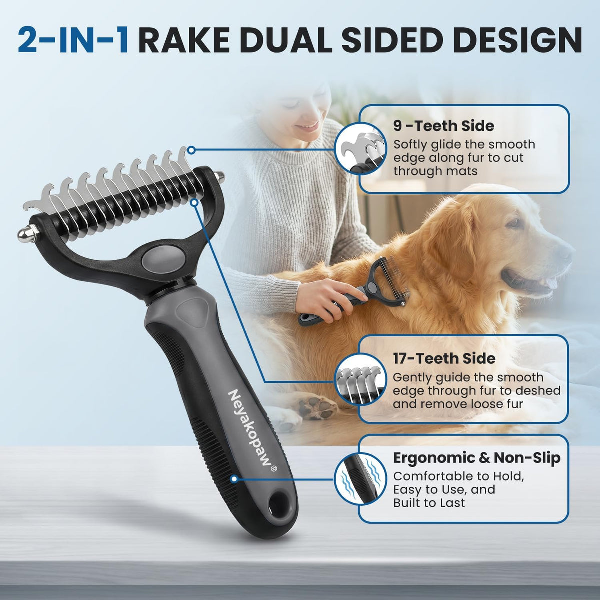 Dog Grooming Rake 4-in-1 Kit, Deshedding Undercoat Rake - Grey Kit 4PCS - image 2