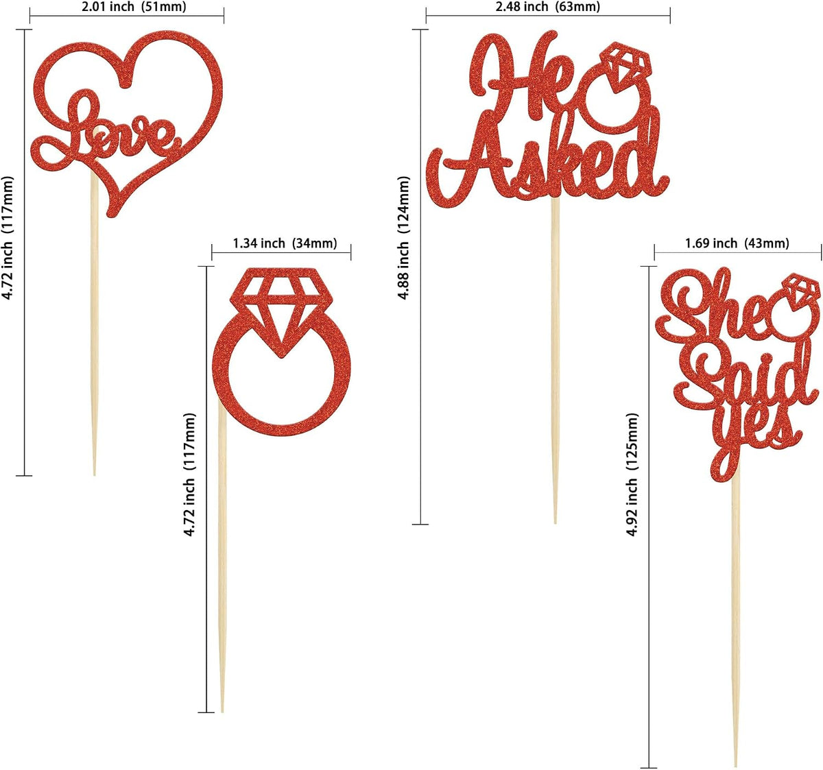 Gyufise He Asked She Said Yes Cupcake Toppers Gold Glitter Diamond - Red - image 2
