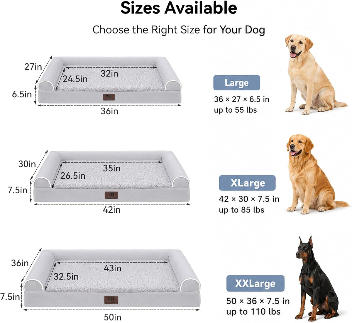WESTERN HOME Orthopedic Dog Bed Washable Couch for Large Senior Dog - Grey / 36" x 27" x 6.5" - image 3